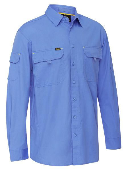 A blue coloured work shirt for men with collarred button down closure. Comes with two multifunctional chest and sleeve pockets. Also features roll up adjustable sleeves. Made up of X Airflow airy and lightweight cotton fabric.