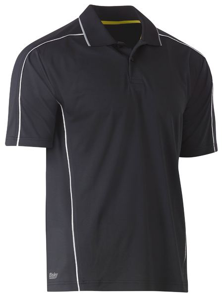 A charcoal coloured polo tee for men with reflective piping detail. It comes with a ribbed collar and side panels. Made up of breathable and airy polyester fabric ideal for people with active jobs.