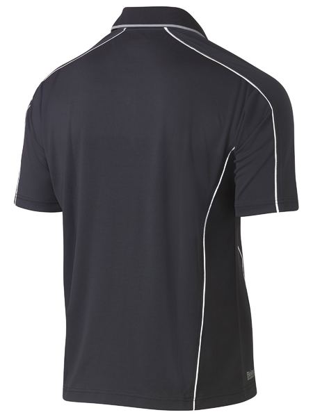 A charcoal coloured polo tee for men with reflective piping detail. It comes with a ribbed collar and side panels. Made up of breathable and airy polyester fabric ideal for people with active jobs.