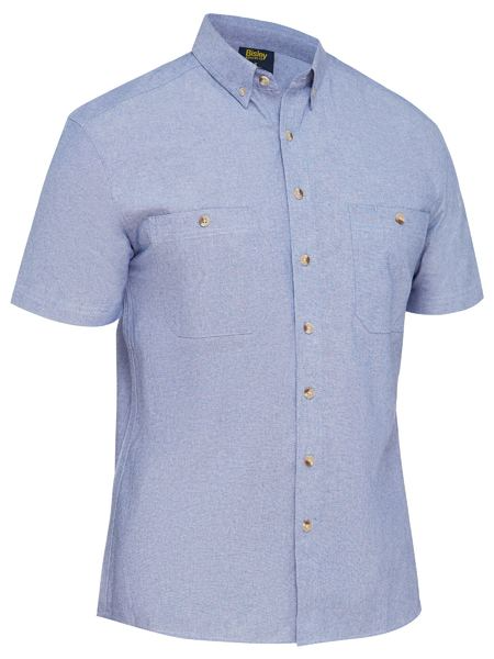 A collared short sleeved work shirt with button down closure. Also comes with two chest button open pockets and a pen pocket on the left side. Made up of comfortable cotton fabric.