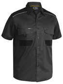 A charcoal coloured active workwear shirt for men. It comes with a collared neck and two multifunctional tape open chest pockets. Made up of lightweight cotton and reflective piping shoulder detail.