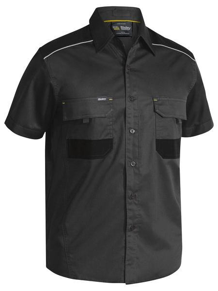 A charcoal coloured active workwear shirt for men. It comes with a collared neck and two multifunctional tape open chest pockets. Made up of lightweight cotton and reflective piping shoulder detail.