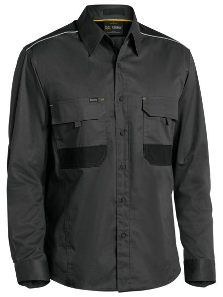 A long sleeved charcoal coloured workwear shirt for men. It has two flap open multifunctional chest pockets and adjustable sleeves. Comes with a reflective detail on shoulders. Also made up of lightweight and stretchy cotton fabric.