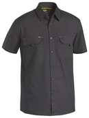 A charcoal coloured work shirt for men with collared button down closure. It has two multifunctional flap open chest pockets for storing handy things . Made up of lightweight and airy cotton fabric.
