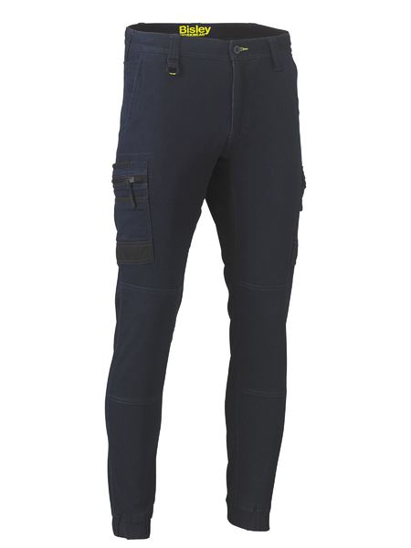 A denim cargo work pants for men with a drawcord waistband. It has several multifunctional pockets with seven strong loops. Made up of a mix of cotton, polyester and spandex for maximum stretch and comfort.