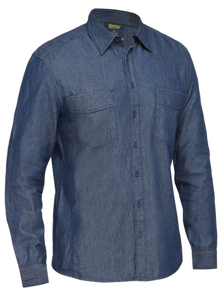  A long sleeved denim work shirt. It has two chest pockets with a button down closure and adjustable buttoned cuff sleeves. Made up of comfortable cotton fabric. 