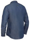 A long sleeved denim work shirt. It has two chest pockets with a button down closure and adjustable buttoned cuff sleeves. Made up of comfortable cotton fabric.