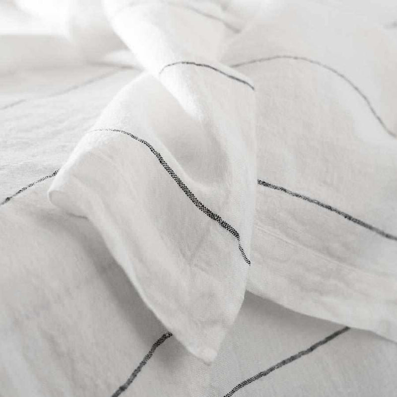 Carter Linen Flat Sheet- White w' Charcoal Stripe