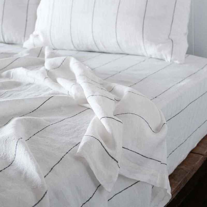 Carter Linen Flat Sheet- White w' Charcoal Stripe