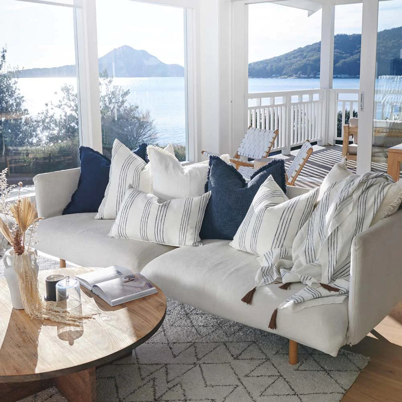 Rock Pool Linen Cushion - White w' Navy Stripe