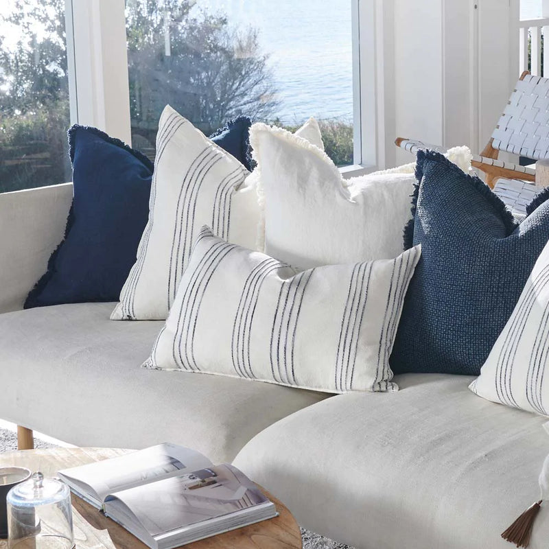 Rock Pool Linen Cushion - White w' Navy Stripe