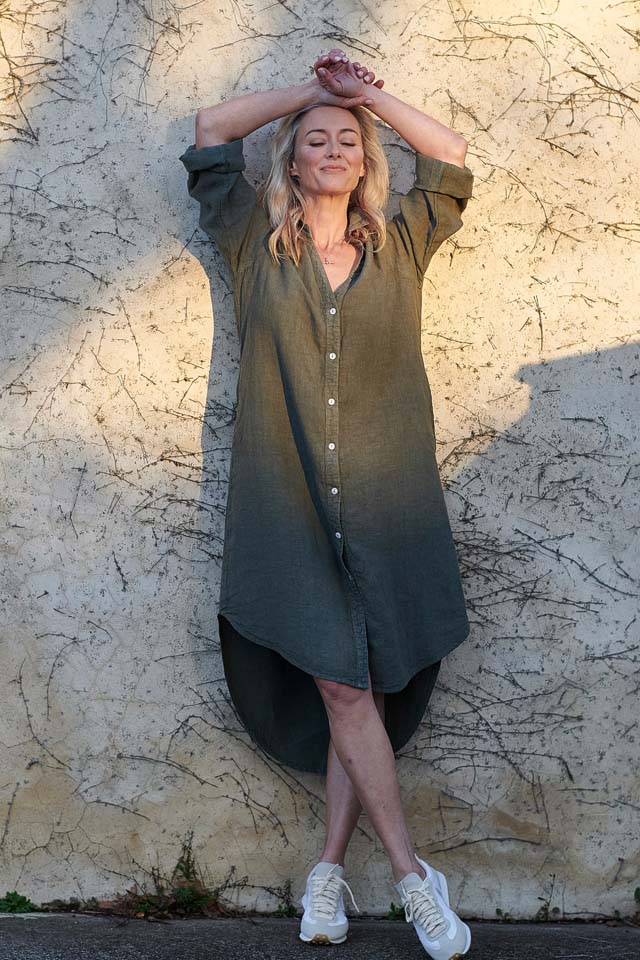 Khaki linen shop shirt dress