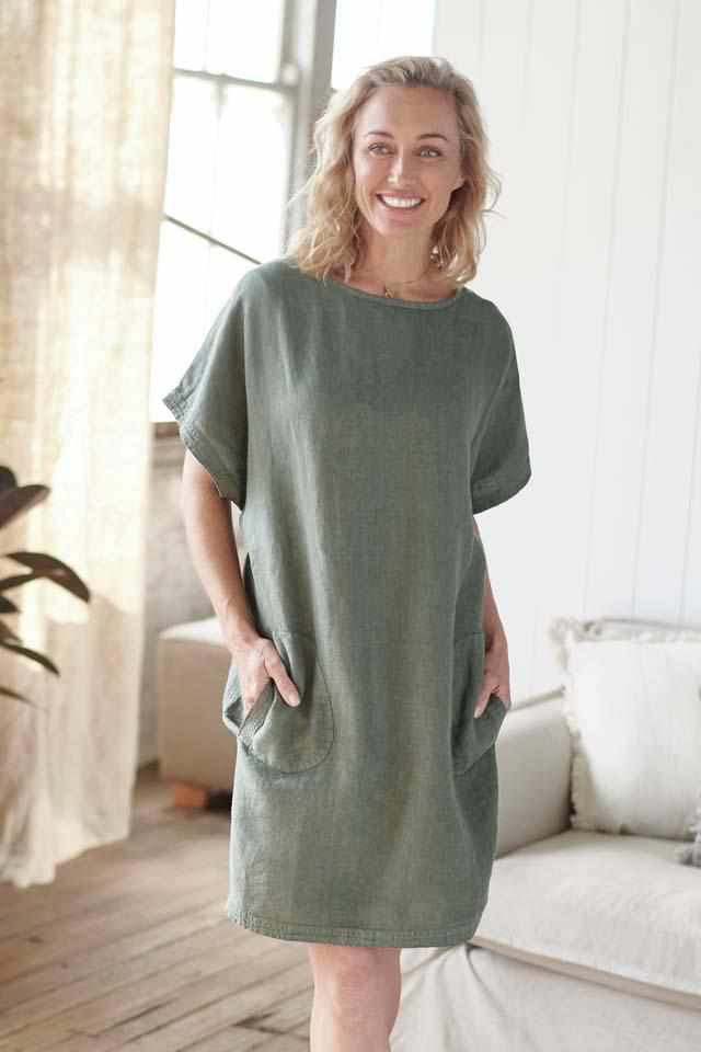 Linen Pocket Dress - Khaki