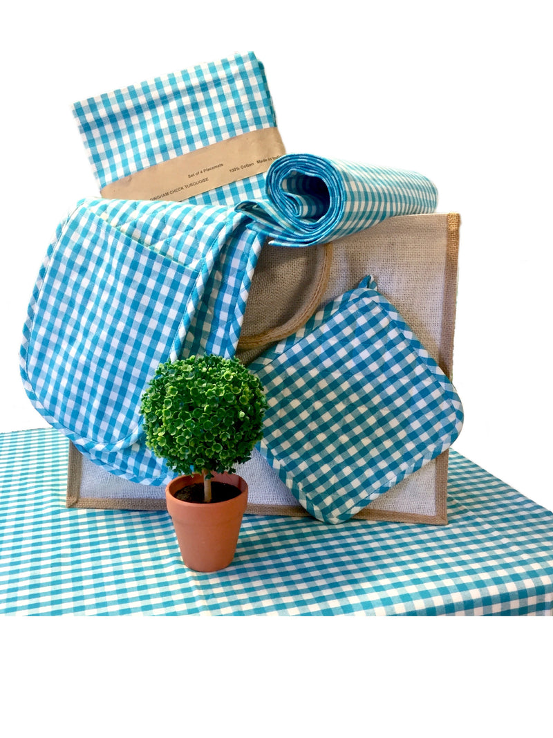 Premium Gingham Check Aqua Gift Hamper Set