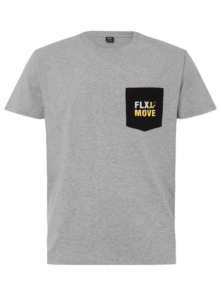 A grey coloured work tee for men with ribbed neck style. It has one pocket with logo detailing. Made up of airy and lightweight cotton.