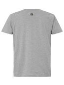 A grey coloured work tee for men with ribbed neck style. It has one pocket with logo detailing. Made up of airy and lightweight cotton.