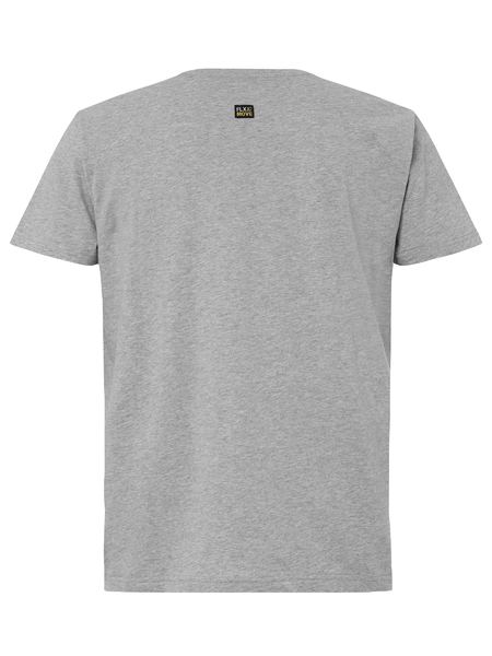 A grey coloured work tee for men with ribbed neck style. It has one pocket with logo detailing. Made up of airy and lightweight cotton.