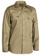 A khaki coloured work shirt for men with collared neck and button down closure. It has two button open chest pockets with two gusset sleeves. Made up of lightweight and airy fabric.