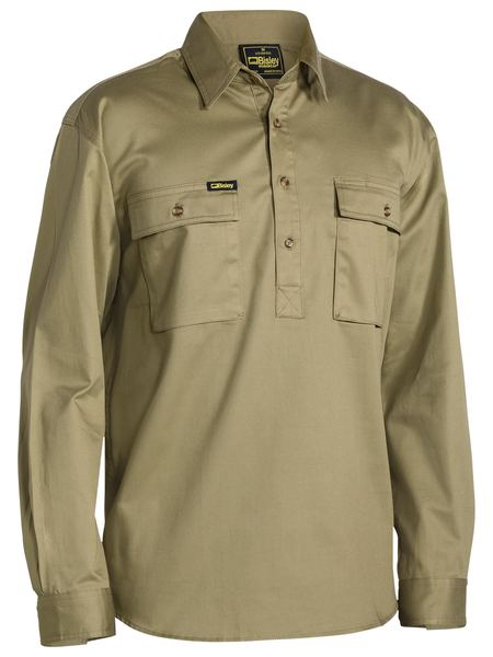 A khaki coloured work shirt for men with half placket collared neck. It has two button open chest pockets and adjustable sleeves. Made up of cotton fabric for maximum comfort.
