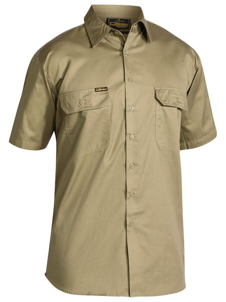 A khaki coloured work shirt for men with collared button down closure. It has two button open chest pockets and mesh ventilation patches at heat areas. Made up of lightweight and airy cotton fabric.