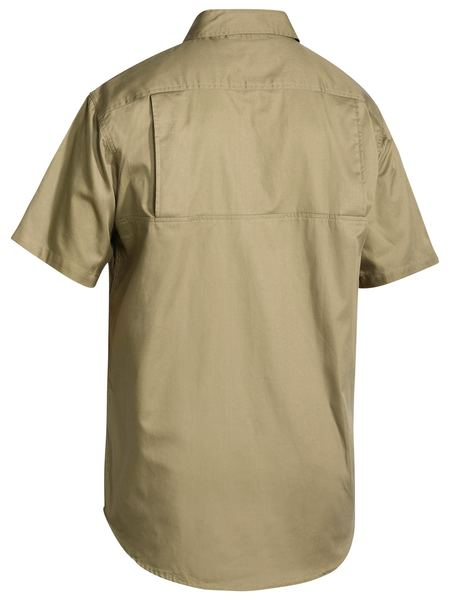 A khaki coloured work shirt for men with collared button down closure. It has two button open chest pockets and mesh ventilation patches at heat areas. Made up of lightweight and airy cotton fabric.