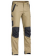A khaki coloured work pant for men with a curved waistband. It has several multifunctional pockets with oxford patches. Made up of a mix of cotton, polyester and spandex for ultimate comfort and stretch.