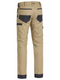 A khaki coloured work pant for men with a curved waistband. It has several multifunctional pockets with oxford patches. Made up of a mix of cotton, polyester and spandex for ultimate comfort and stretch.