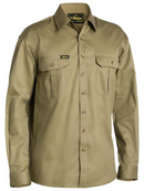 A khaki coloured long sleeved cotton shirt with two flap chest pockets. It has a button down closure and structured collar. Also comes with adjustable buttoned cuffs. The fabric is comfortable and airy.