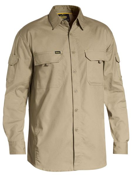 A khaki coloured work shirt for men with collarred button down closure. Comes with two multifunctional chest and sleeve pockets. Also features roll up adjustable sleeves. Made up of X Airflow airy and lightweight cotton fabric.
