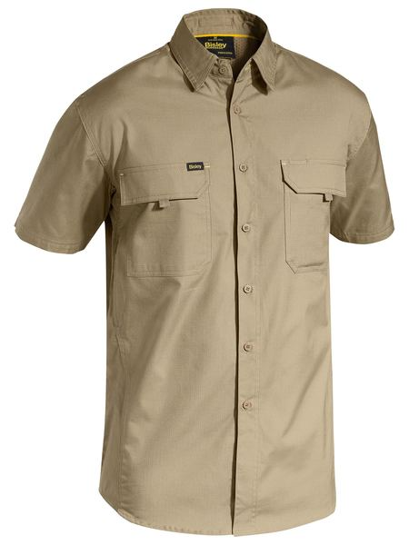 A khaki coloured work shirt for men with collared button down closure. It has two multifunctional flap open chest pockets for storing handy things . Made up of lightweight and airy cotton fabric.