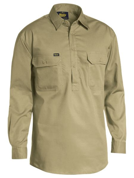 A khaki coloured half placket collared work shirt for men. Comes with two button open chest pockets and adjustable buttoned cuffs. Made up of light cotton fabric and mesh patches in various heat stress areas.