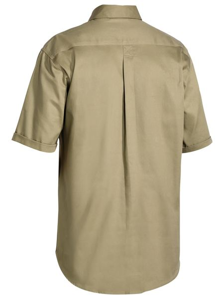 A khaki coloured work shirt for men with collared button down closure. Comes with two button open chest pockets and a centre back pleat. Made up of 100% airy cotton material.