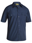 A midnight coloured work shirt for men with collared neck and button down closure. It has two chest pockets with button open flaps. Made up of a mix of polyester and cotton for maximum comfort.