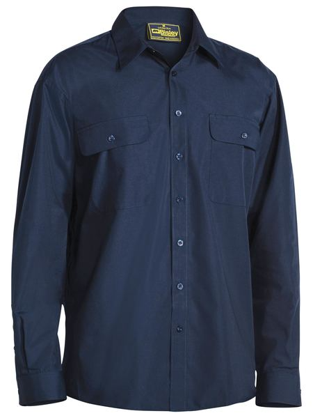A midnight coloured work shirt for men with collared neck and button down closure. It has two chest pockets with button open flaps and adjustable buttoned sleeves. Made up of a mix of polyester and cotton for maximum comfort.