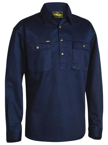 A navy coloured work shirt for men with half placket collared neck. It has two button open chest pockets and adjustable sleeves. Made up of cotton fabric for maximum comfort.