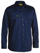 A navy coloured work shirt for men with collared neck and button down closure. It has two button open chest pockets with two gusset sleeves. Made up of lightweight and airy fabric.