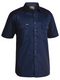A navy coloured work shirt for men with collared button down closure. It has two button open chest pockets and mesh ventilation patches at heat areas. Made up of lightweight and airy cotton fabric.