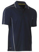 A navy coloured polo tee for men with reflective piping detail. It comes with a ribbed collar and side panels. Made up of breathable and airy polyester fabric ideal for people with active jobs.