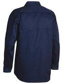 A navy coloured work shirt for men with collared neck and button down closure. It has two button open chest pockets with two gusset sleeves. Made up of lightweight and airy fabric.