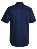 A navy coloured work shirt for men with collared button down closure. It has two button open chest pockets and mesh ventilation patches at heat areas. Made up of lightweight and airy cotton fabric.