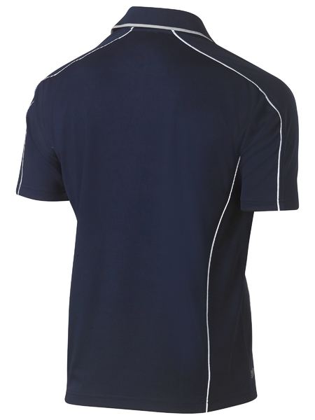 A navy coloured polo tee for men with reflective piping detail. It comes with a ribbed collar and side panels. Made up of breathable and airy polyester fabric ideal for people with active jobs.