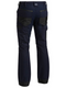 A navy coloured work pant for men with a curved waistband. It has several multifunctional pockets with oxford patches. Made up of a mix of cotton, polyester and spandex for ultimate comfort and stretch.