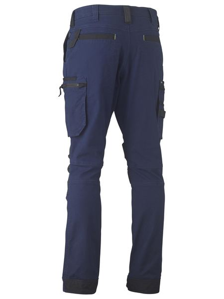 A navy coloured zip cargo pants for men with a curved waistband. It has contrast coloured knee patches and multifunctional pockets. Made up of a mixture of cotton, nylon and spandex to provide maximum comfort.
