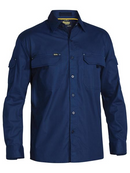A navy coloured work shirt for men with collarred button down closure. Comes with two multifunctional chest and sleeve pockets. Also features roll up adjustable sleeves. Made up of X Airflow airy and lightweight cotton fabric.