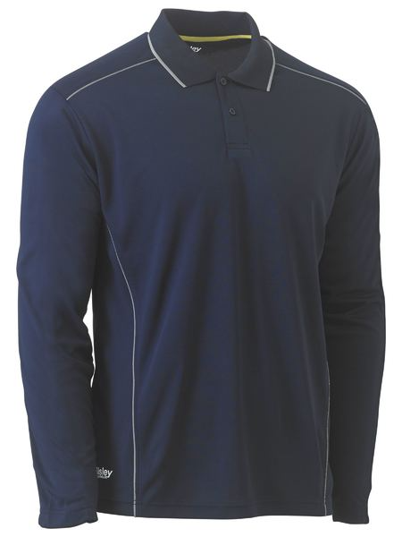A navy coloured work polo tee for men with ribbed collar neck. It has two buttons and reflective piping detail. Made up of polyester fabric that is ideal for an active job.