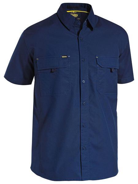 A navy coloured work shirt for men with collared button down closure. It has two multifunctional flap open chest pockets for storing handy things . Made up of lightweight and airy cotton fabric.