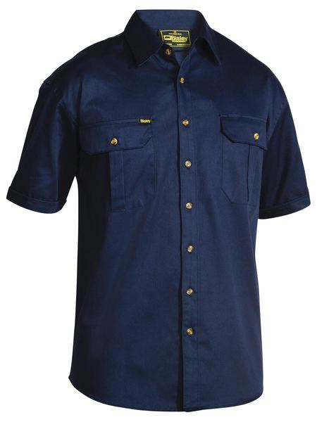 A navy coloured shirt for men with collared button down closure. It has two button open chest pockets with pleat detailing. Made up of comfortable and lightweight fabric.