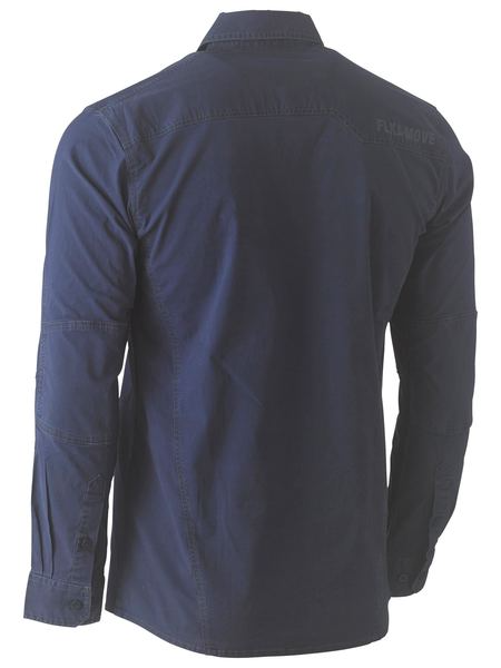 A navy coloured workwear shirt for men with an active fit. It is equipped with two multifunctional chest pockets and contoured sleeves. Also comes with a hanger loop on the structured collar. Made up of stretch cotton for ease of movement.