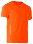 An orange coloured work tee for men with reflective pipe detail. It has a ribbed crew neck with side panels and additional piping. Made up of stretchy polyester that is ideal for an active job.