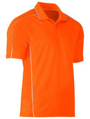 An orange coloured polo tee for men with reflective piping detail. It comes with a ribbed collar and side panels. Made up of breathable and airy polyester fabric ideal for people with active jobs.